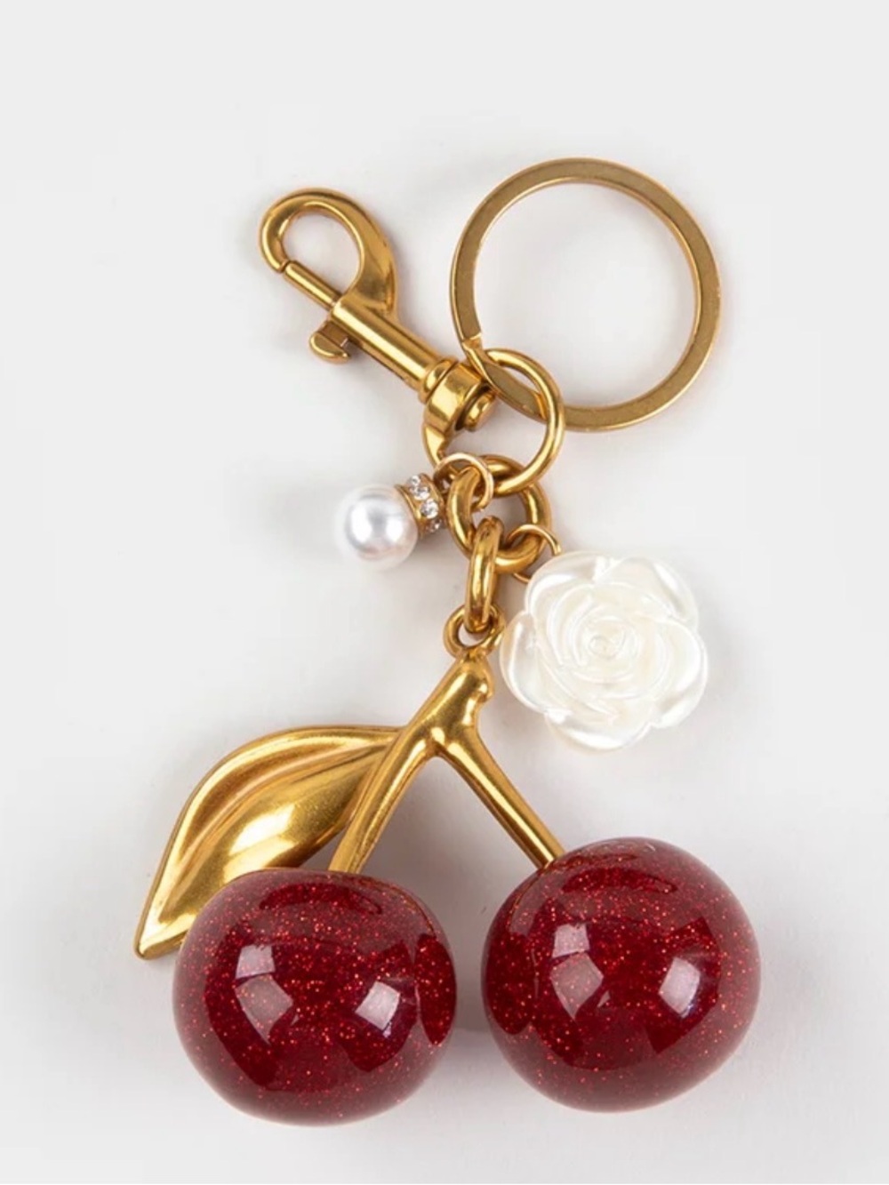 Full Tilt Gold-Tone Cherry Keychain with Red Glitter Cherries and White Rose - Picture 5 of 6
